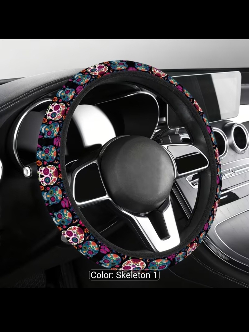 Sugar Skull Steering Wheel Cover in Black and Multicolor
